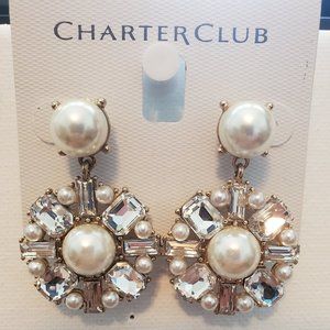 GOLD TONE CRYSTAL WITH PEARL DROP EARRINGS